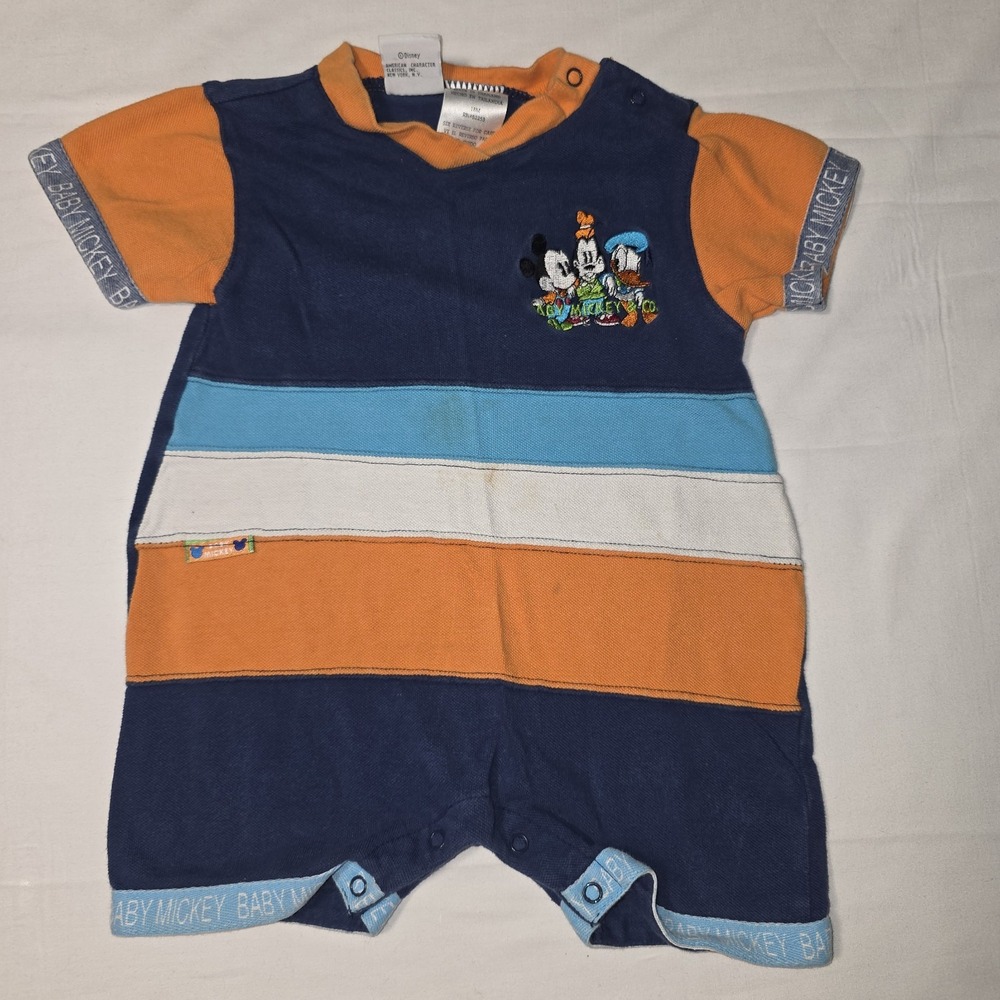 Disney Mickey Mouse Pluto Orange Blue Colorblock Romper Infant Boys 18M VTG 90's